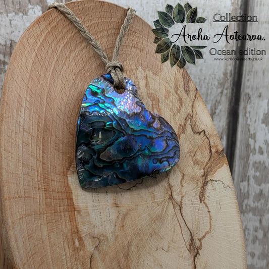 New Zealand wild rainbow Pāua abalone heart pendant.
