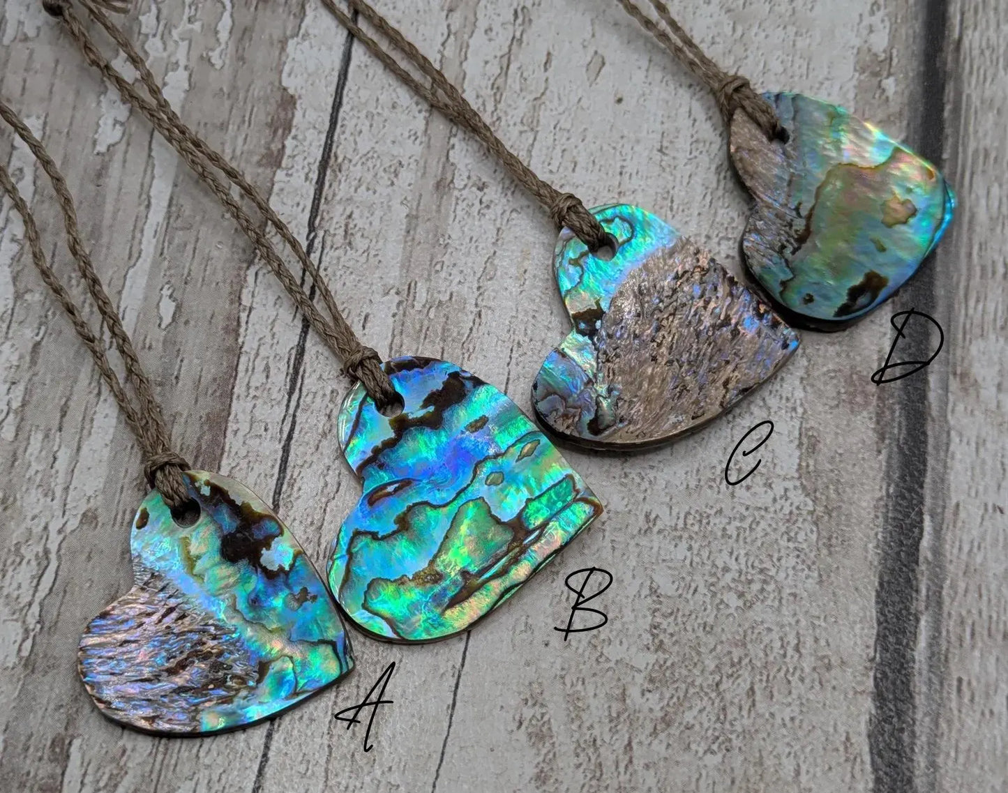 New Zealand Rainbow Pāua Heart Pendant – sea ocean themed love Tonga, Iridescent Abalone Necklace on Adjustable Waxed Cord.