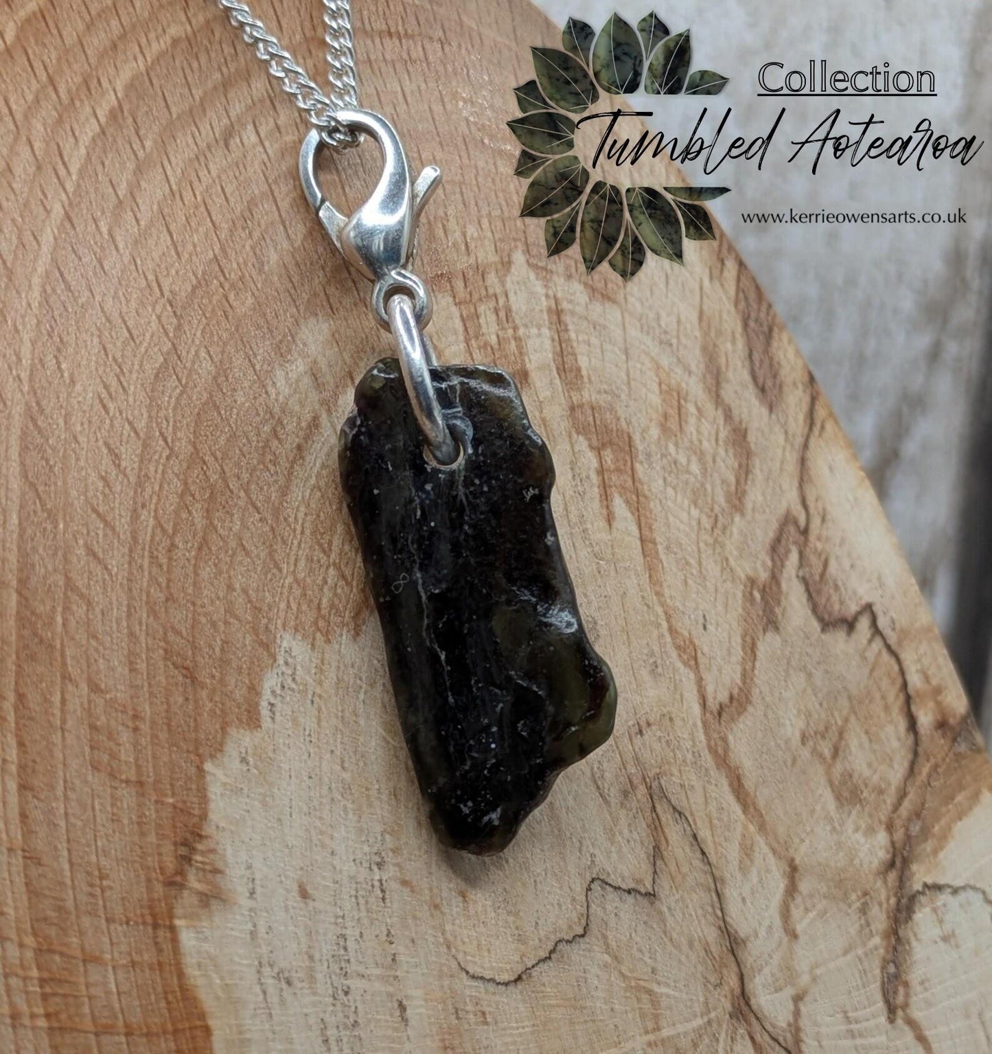 Tumbled New Zealand Pounamu greenstone jade clip on jewellery charm.