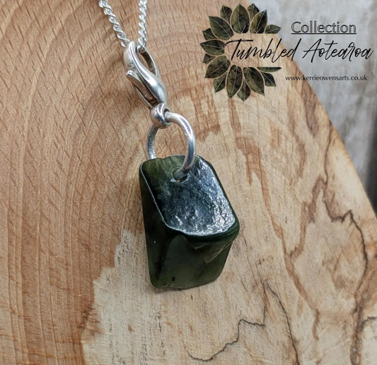 Tumbled New Zealand Pounamu greenstone jade clip on jewellery charm.
