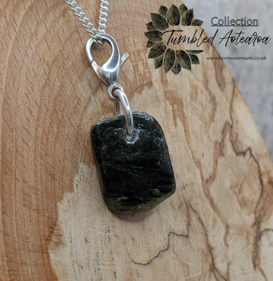 Tumbled New Zealand Pounamu greenstone jade clip on jewellery charm.