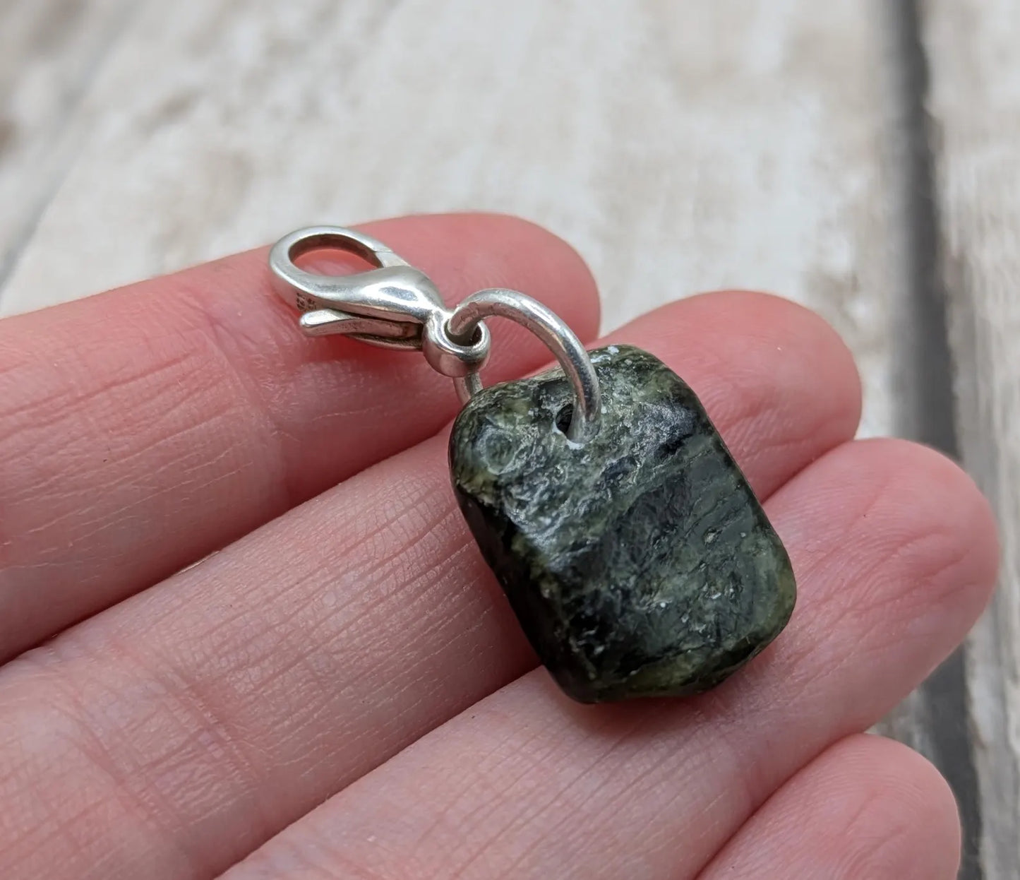 Tumbled New Zealand Pounamu greenstone jade clip on jewellery charm.