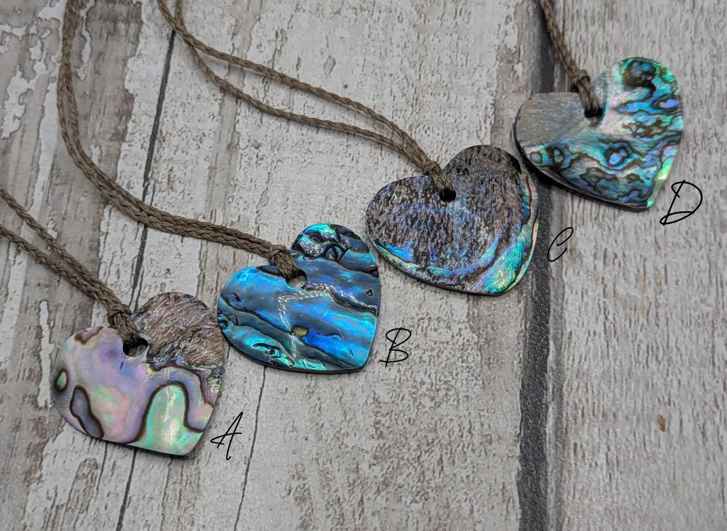 New Zealand Rainbow Pāua Heart Pendant – sea ocean themed love Tonga, Iridescent Abalone Necklace on Adjustable Waxed Cord.