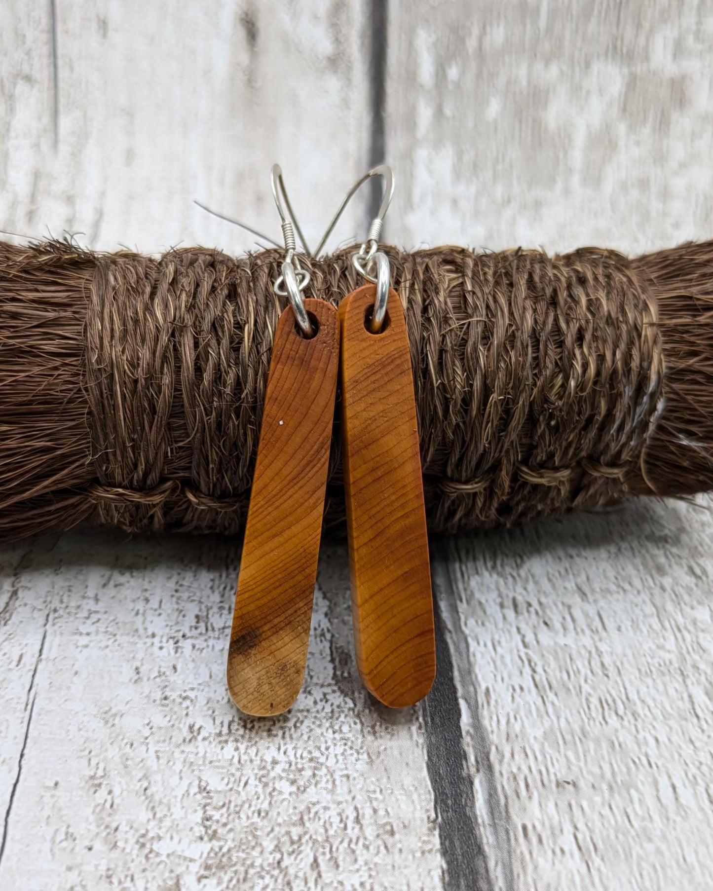 Yew wood pair drop earrings.