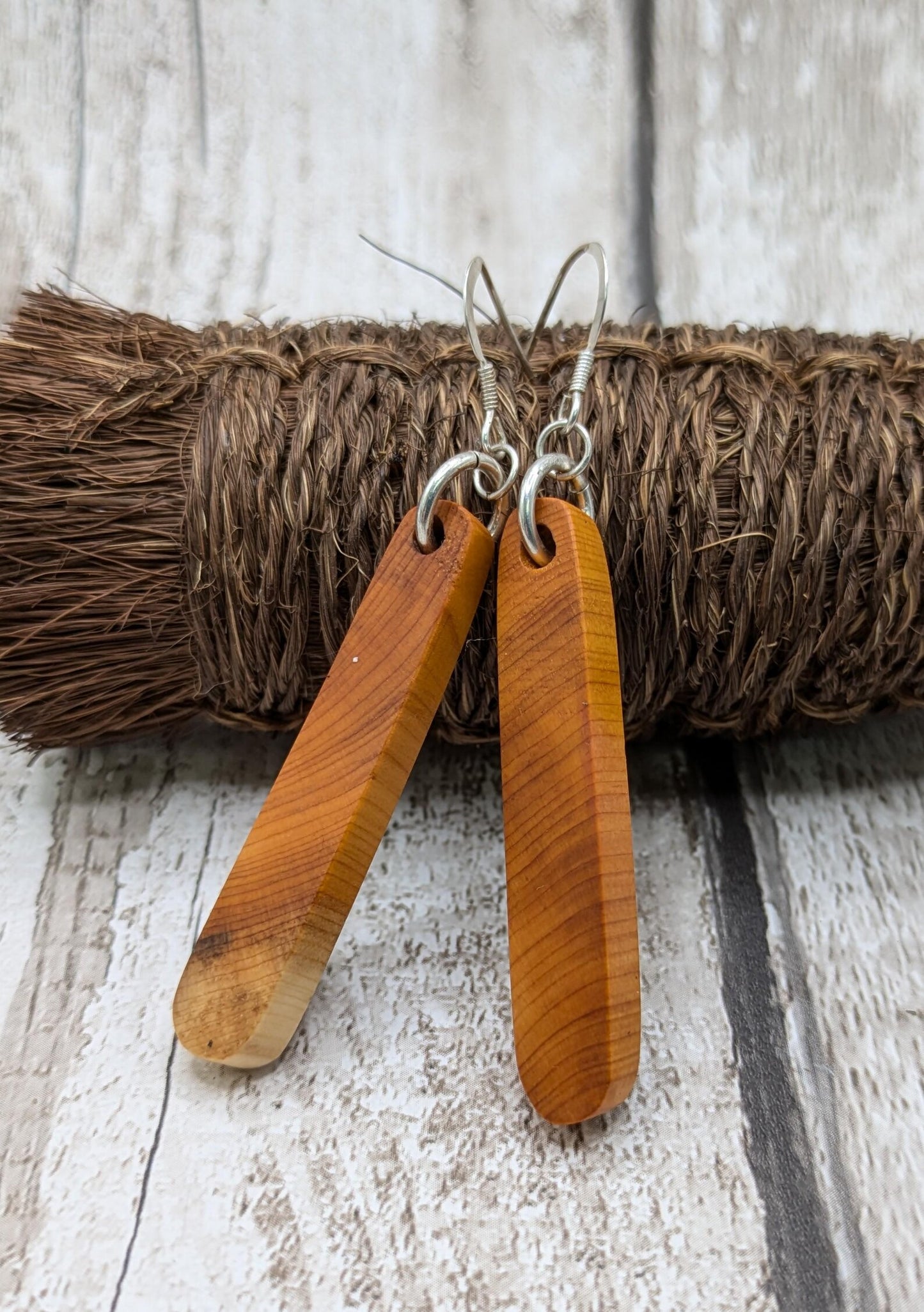 Yew wood pair drop earrings.