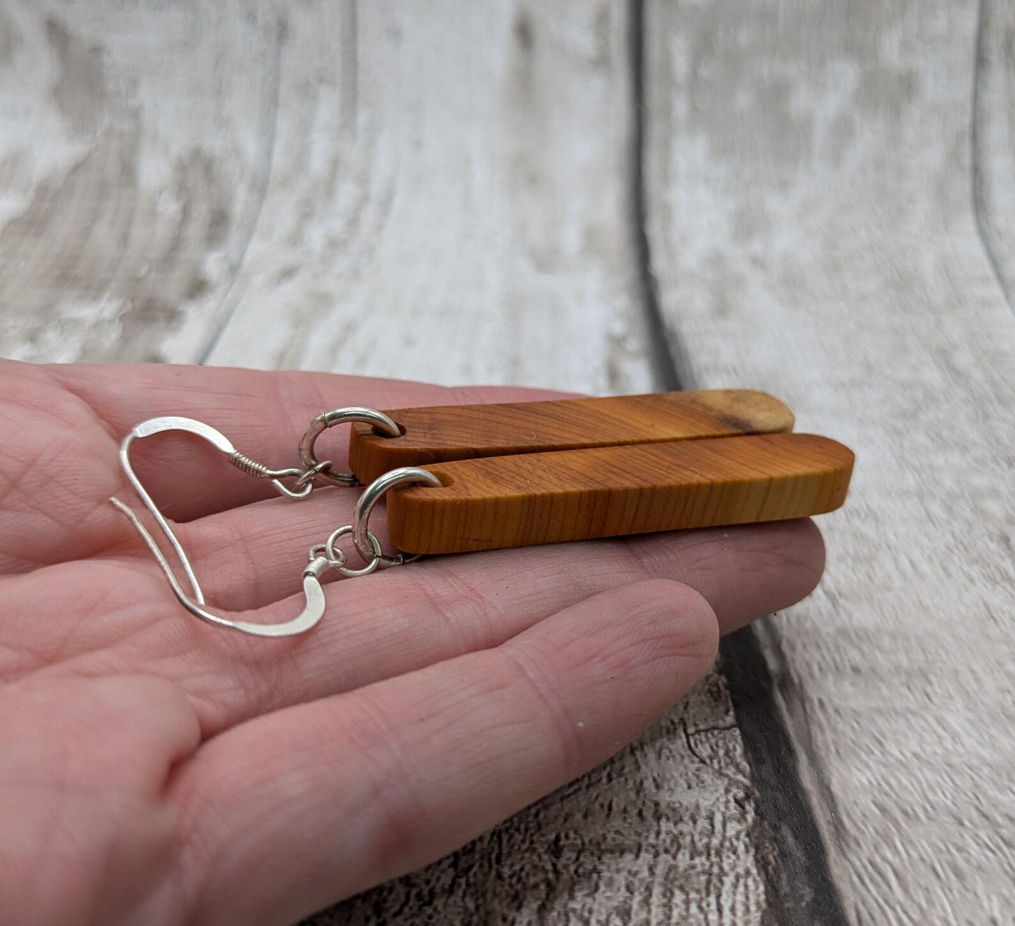 Yew wood pair drop earrings.