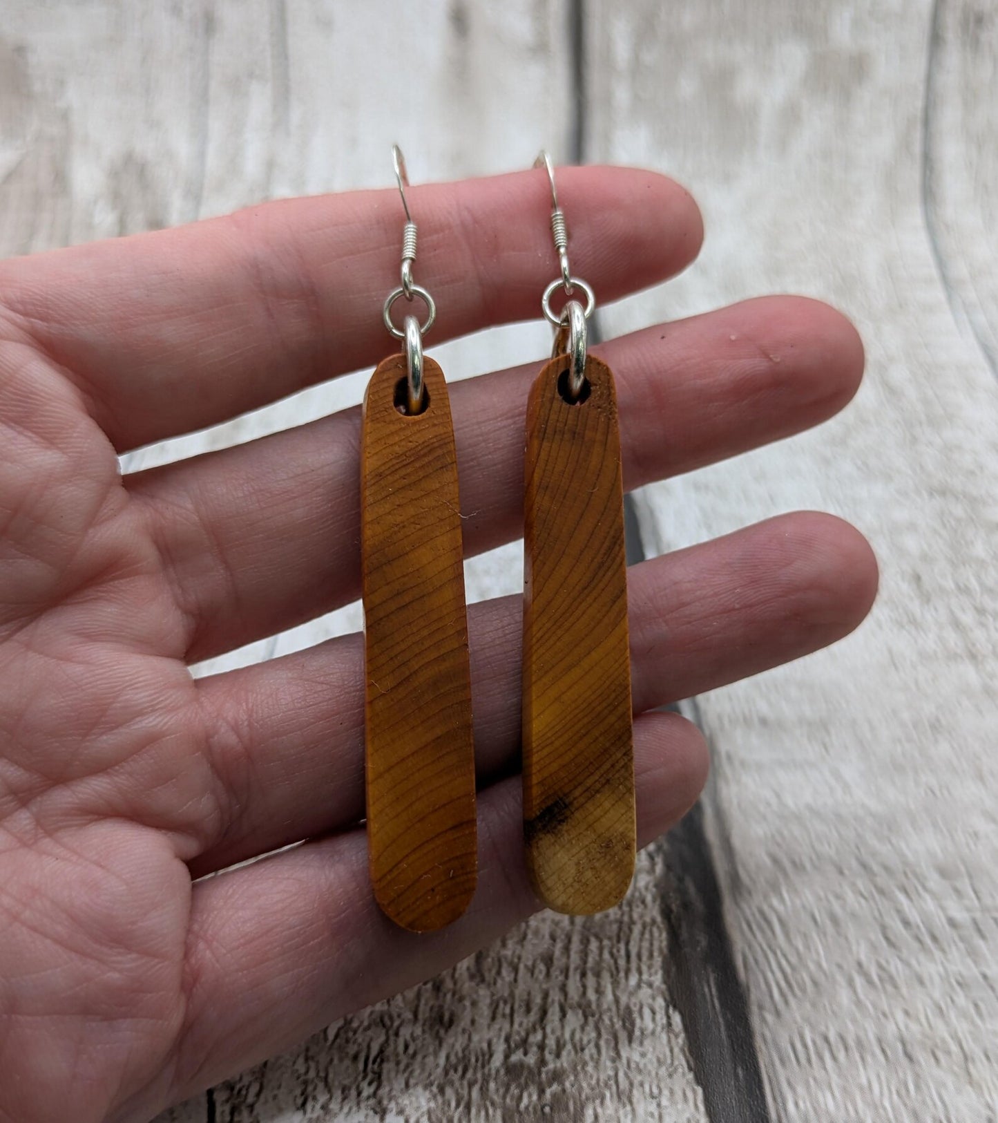 Yew wood pair drop earrings.