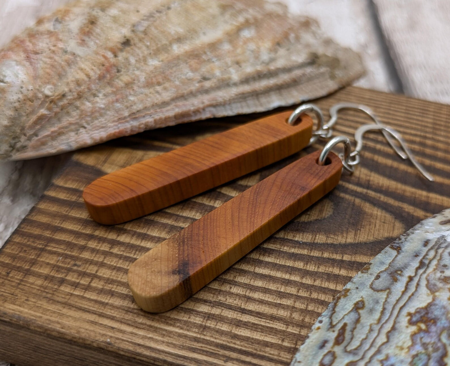 Yew wood pair drop earrings.