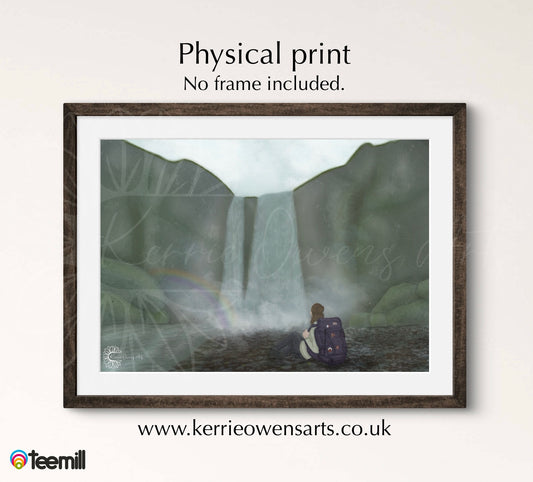Reflection at skógafoss landscape poster print.