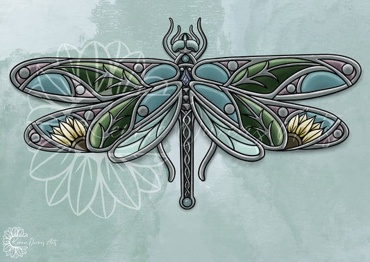 Stained glass dragonfly poster print.