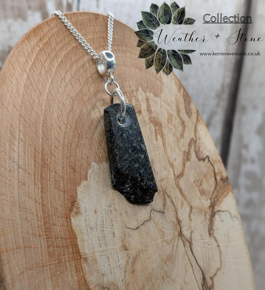 Preselli Bluestone stonehenge Pendant – Raw-Edged Welsh stone, spiritual Necklace on 925 Sterling Silver Curb Chain with European Bail.