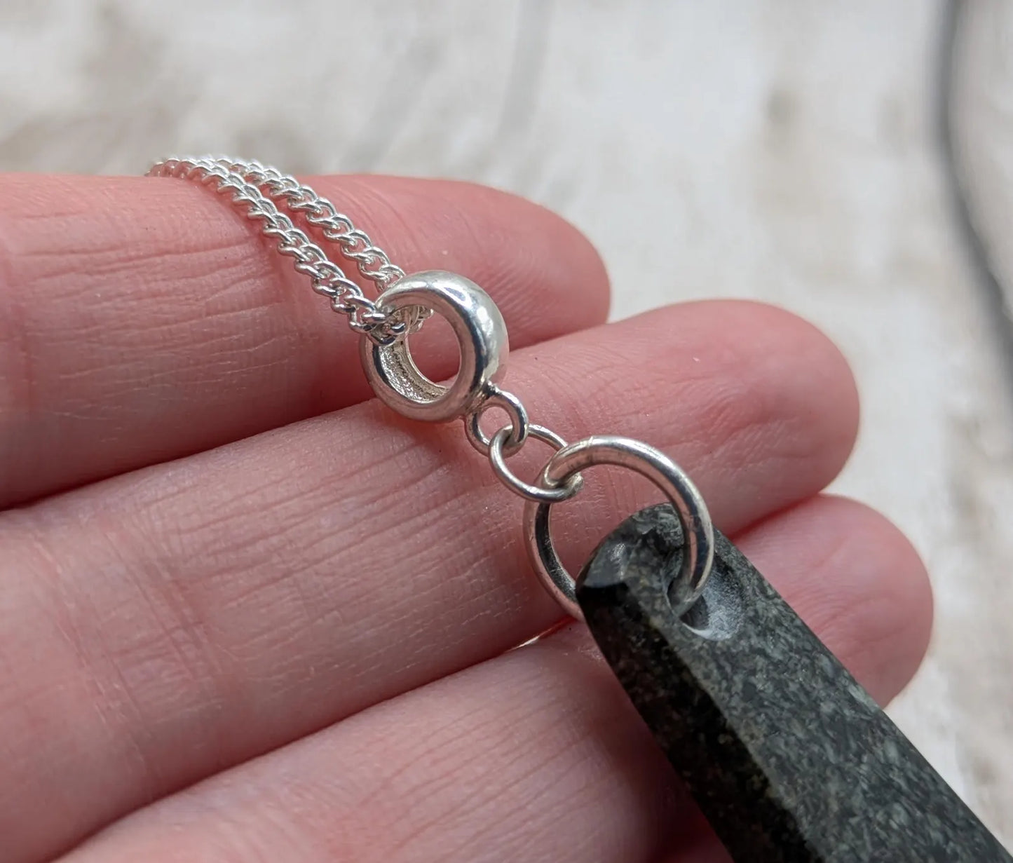 Preselli Bluestone stonehenge Pendant – Raw-Edged Welsh stone, spiritual Necklace on 925 Sterling Silver Curb Chain with European Bail.