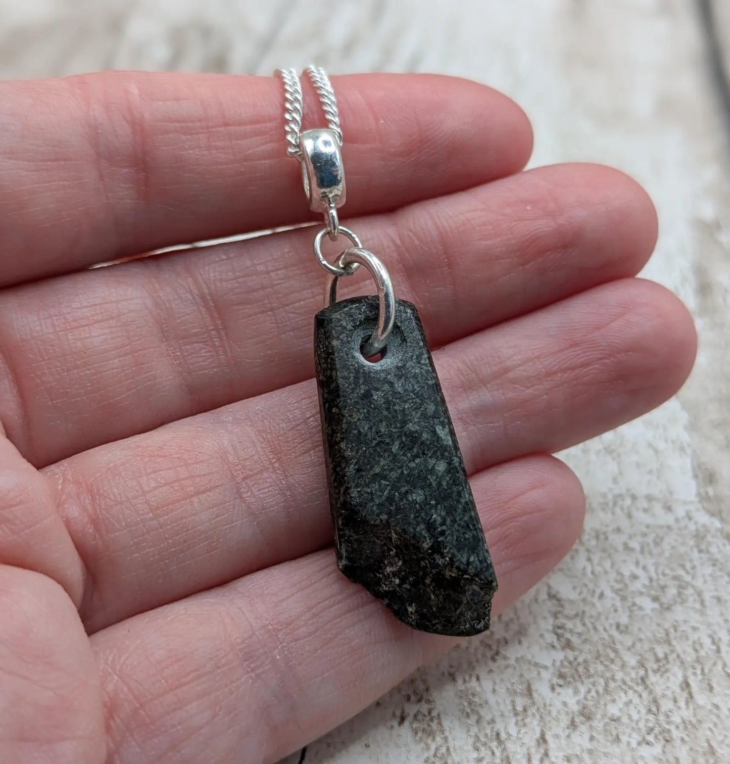 Preselli Bluestone stonehenge Pendant – Raw-Edged Welsh stone, spiritual Necklace on 925 Sterling Silver Curb Chain with European Bail.