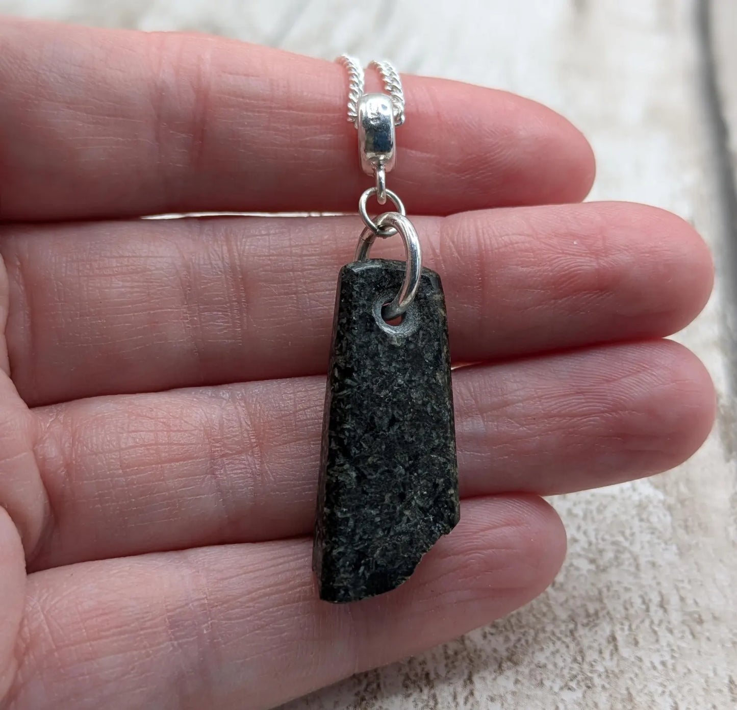 Preselli Bluestone stonehenge Pendant – Raw-Edged Welsh stone, spiritual Necklace on 925 Sterling Silver Curb Chain with European Bail.