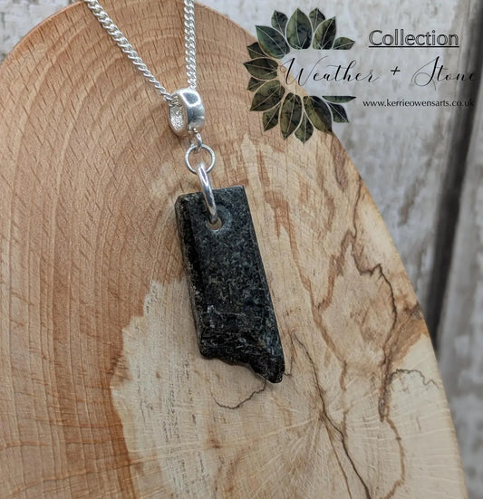 Preseli Bluestone stonehenge Pendant – Raw-Edged Welsh stone, spiritual Necklace on 925 Sterling Silver Curb Chain with European Bail.
