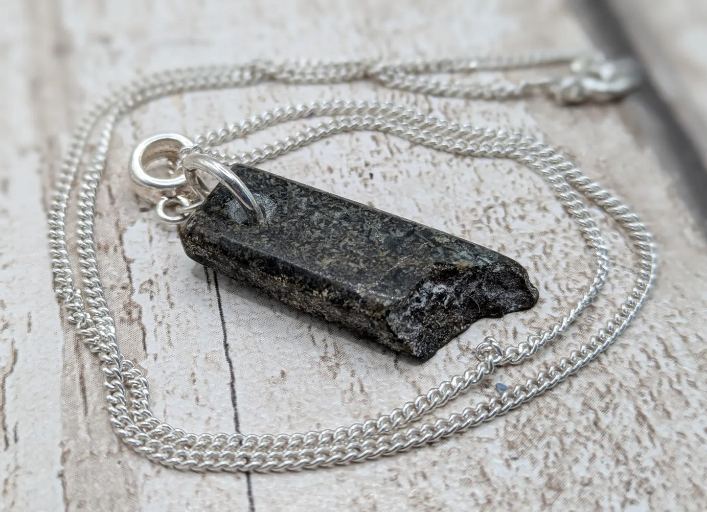 Preseli Bluestone stonehenge Pendant – Raw-Edged Welsh stone, spiritual Necklace on 925 Sterling Silver Curb Chain with European Bail.