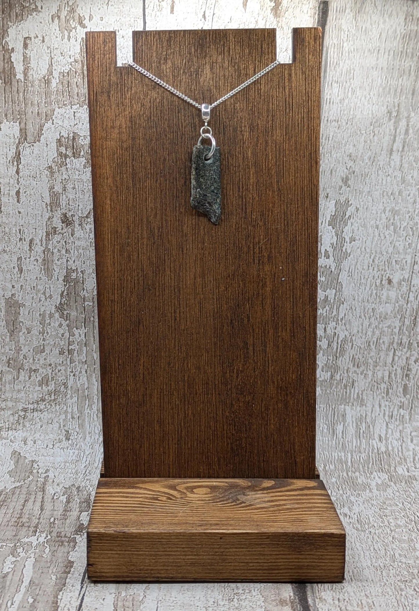 Preseli Bluestone stonehenge Pendant – Raw-Edged Welsh stone, spiritual Necklace on 925 Sterling Silver Curb Chain with European Bail.