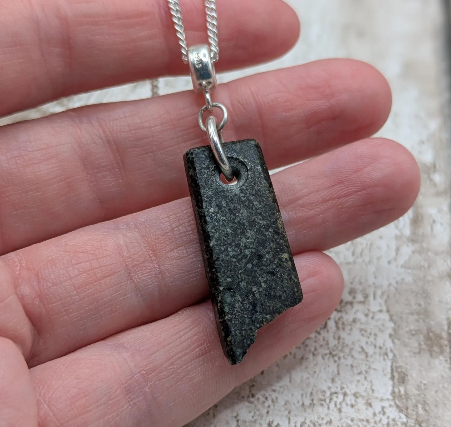 Preseli Bluestone stonehenge Pendant – Raw-Edged Welsh stone, spiritual Necklace on 925 Sterling Silver Curb Chain with European Bail.