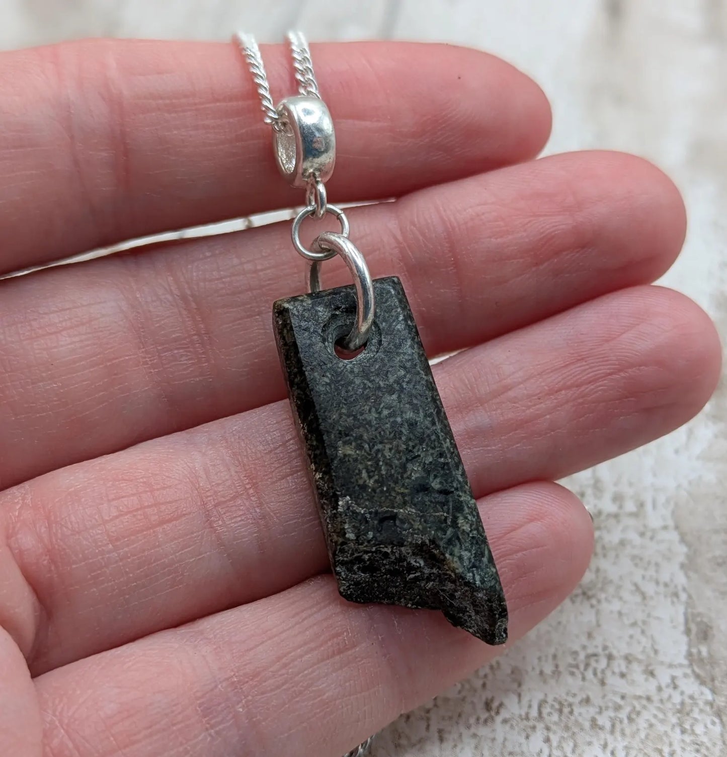 Preseli Bluestone stonehenge Pendant – Raw-Edged Welsh stone, spiritual Necklace on 925 Sterling Silver Curb Chain with European Bail.