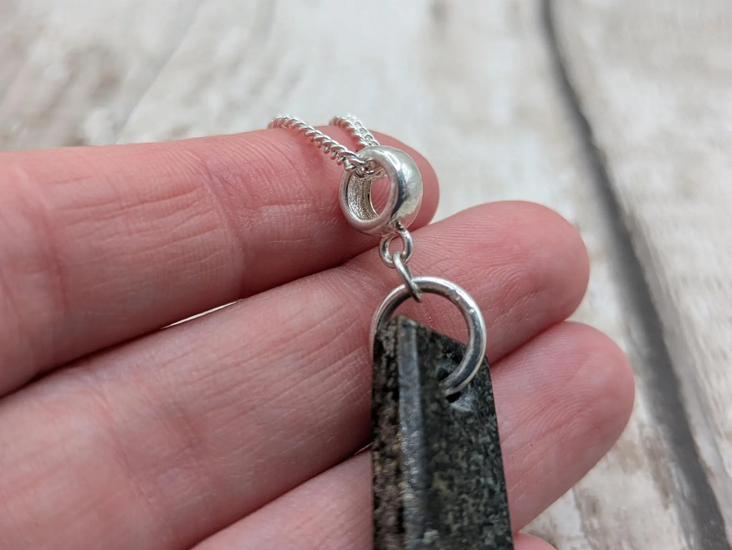 Preseli Bluestone stonehenge Pendant – Raw-Edged Welsh stone, spiritual Necklace on 925 Sterling Silver Curb Chain with European Bail.