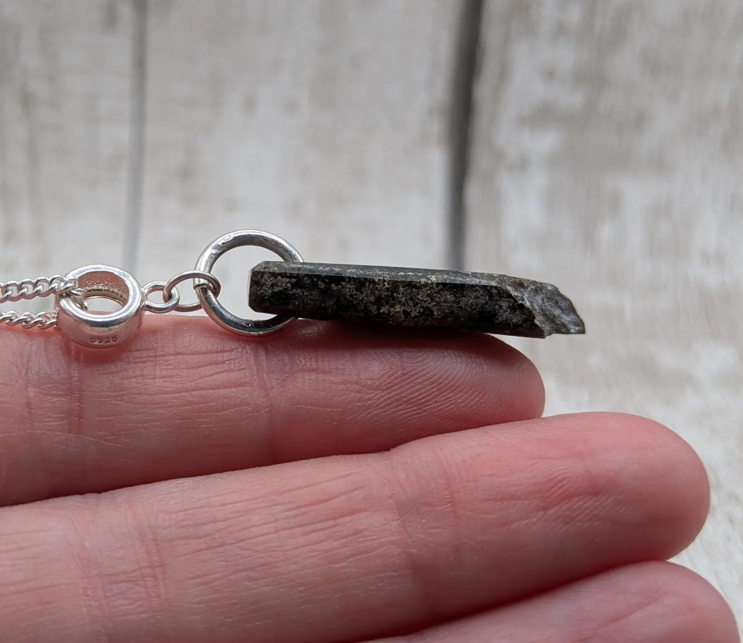 Preseli Bluestone stonehenge Pendant – Raw-Edged Welsh stone, spiritual Necklace on 925 Sterling Silver Curb Chain with European Bail.