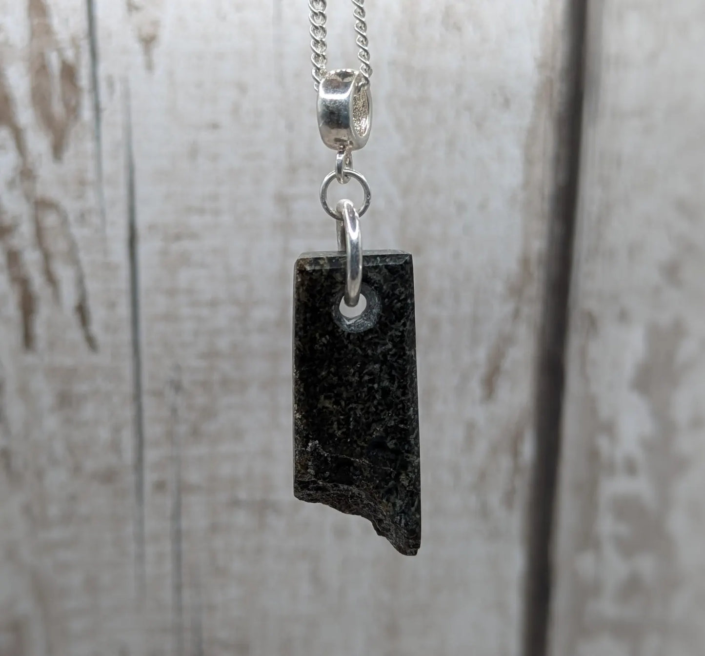 Preseli Bluestone stonehenge Pendant – Raw-Edged Welsh stone, spiritual Necklace on 925 Sterling Silver Curb Chain with European Bail.