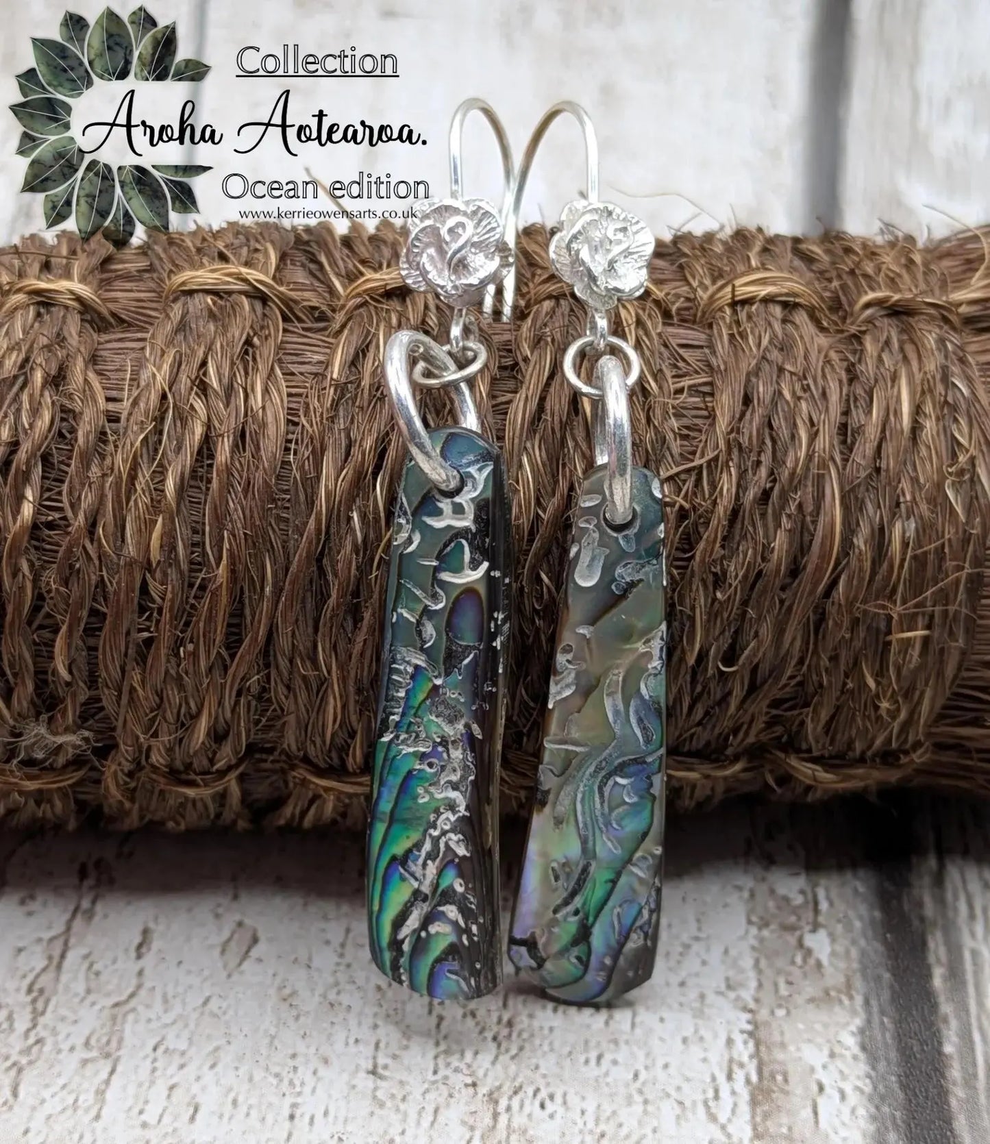 Hand-Polished Kaikōura Pāua Shell fish hook Earrings – Long Drop 925 Sterling Silver wild beachcombed Abalone unisex ocean themed Jewellery