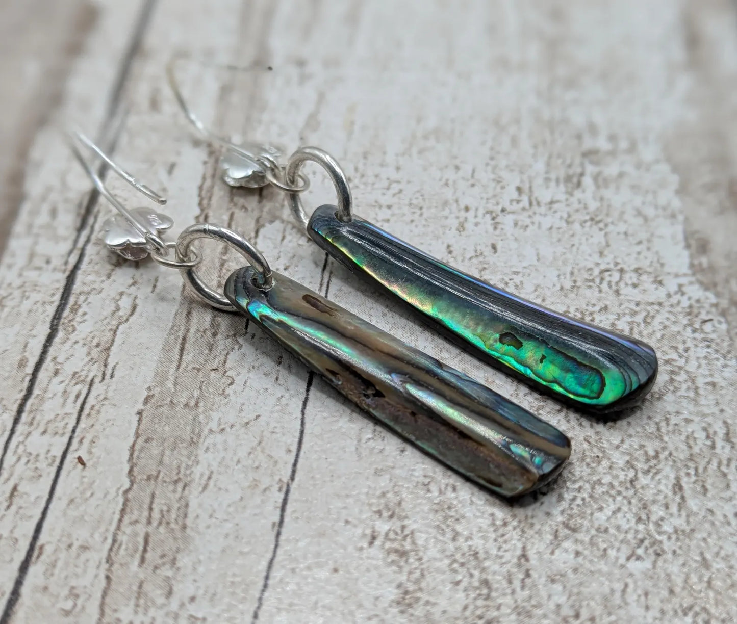 Hand-Polished Kaikōura Pāua Shell fish hook Earrings – Long Drop 925 Sterling Silver wild beachcombed Abalone unisex ocean themed Jewellery