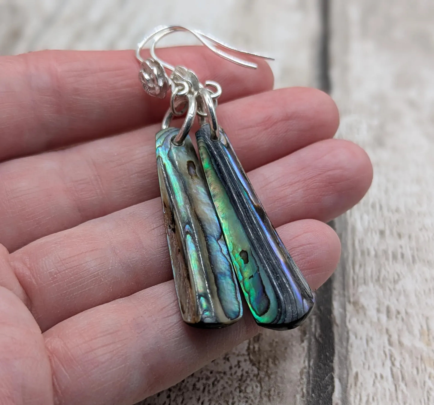 Hand-Polished Kaikōura Pāua Shell fish hook Earrings – Long Drop 925 Sterling Silver wild beachcombed Abalone unisex ocean themed Jewellery