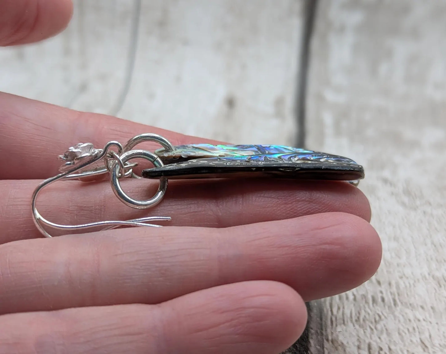 Hand-Polished Kaikōura Pāua Shell fish hook Earrings – Long Drop 925 Sterling Silver wild beachcombed Abalone unisex ocean themed Jewellery