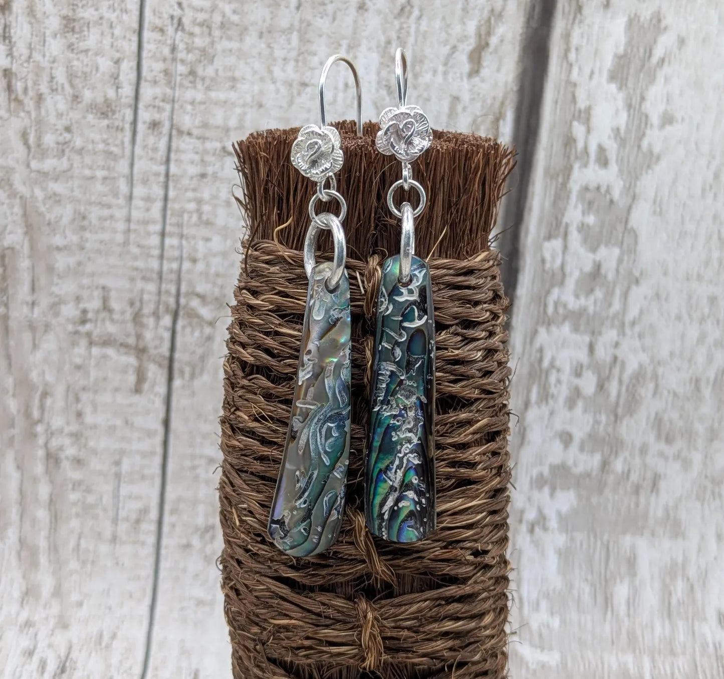 Hand-Polished Kaikōura Pāua Shell fish hook Earrings – Long Drop 925 Sterling Silver wild beachcombed Abalone unisex ocean themed Jewellery