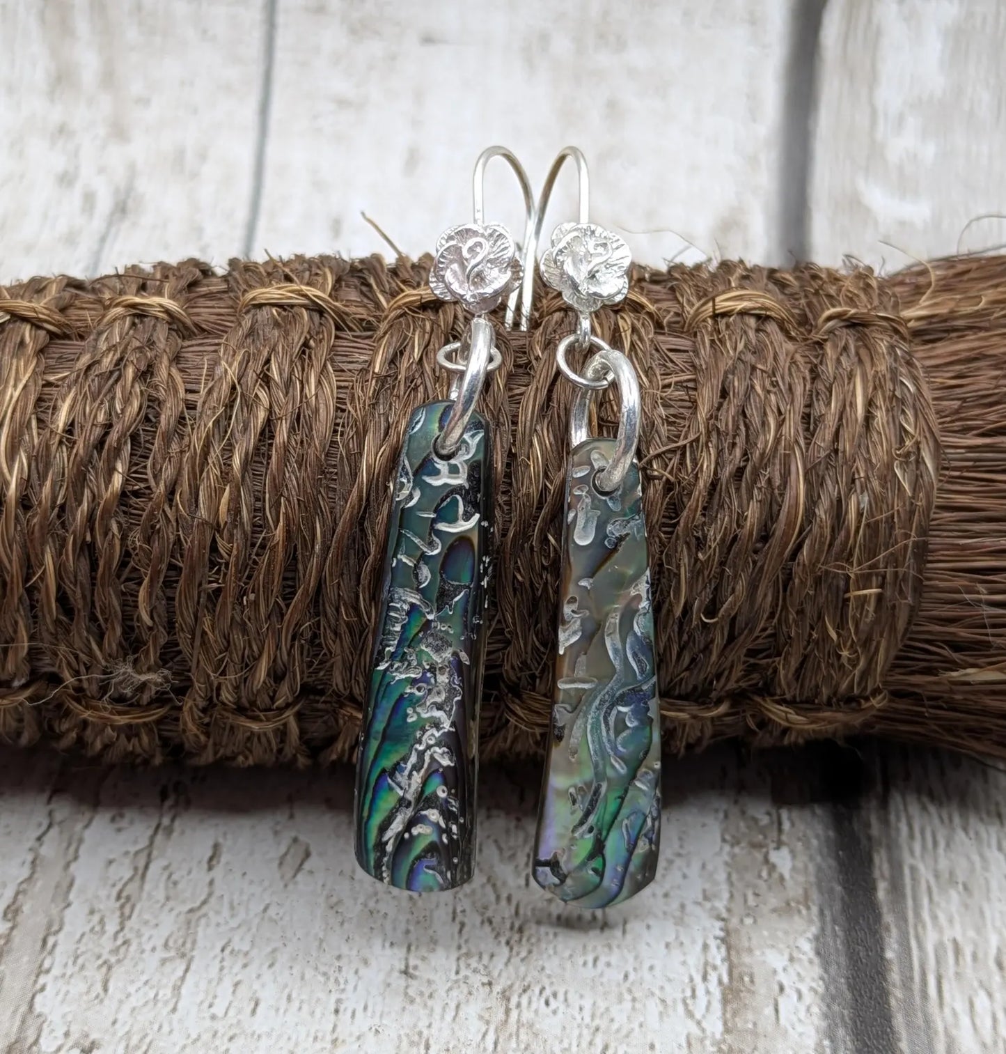 Hand-Polished Kaikōura Pāua Shell fish hook Earrings – Long Drop 925 Sterling Silver wild beachcombed Abalone unisex ocean themed Jewellery