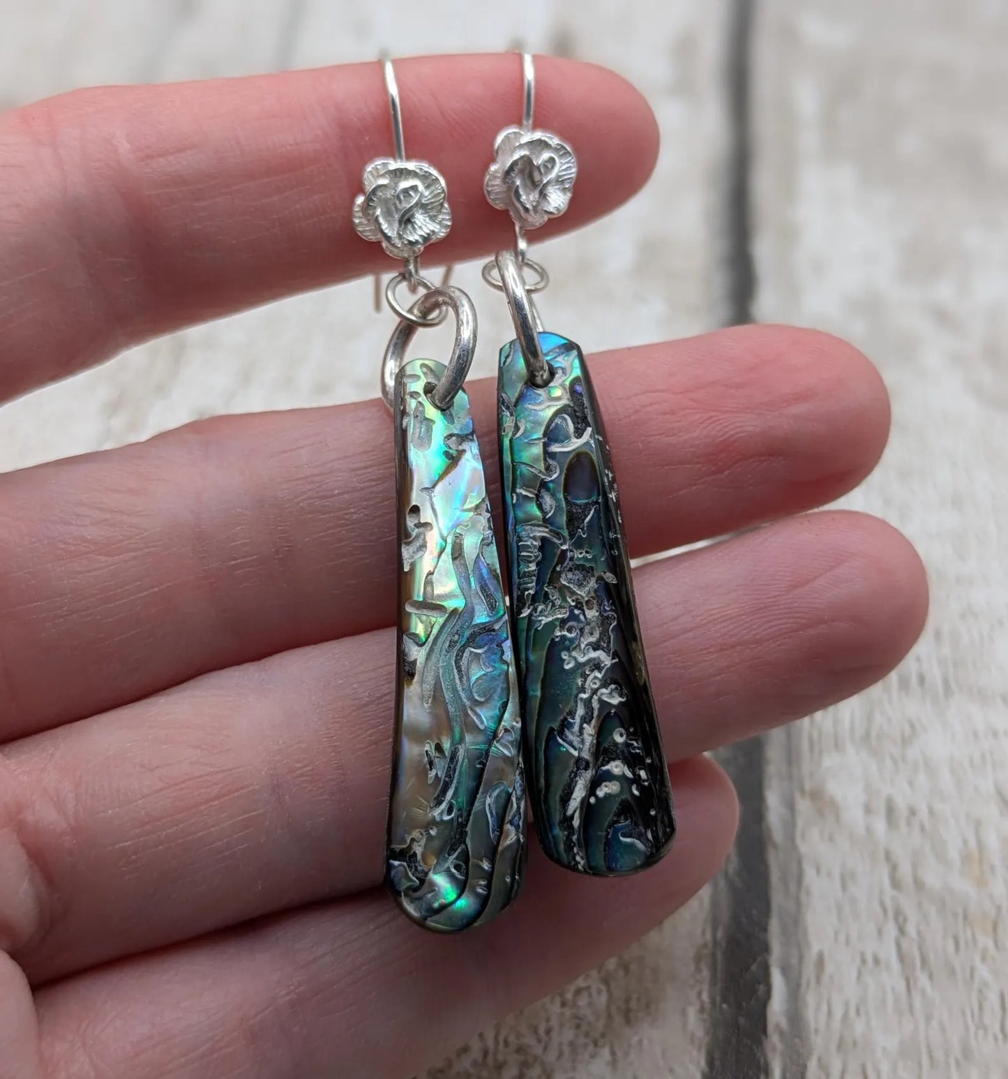 Hand-Polished Kaikōura Pāua Shell fish hook Earrings – Long Drop 925 Sterling Silver wild beachcombed Abalone unisex ocean themed Jewellery