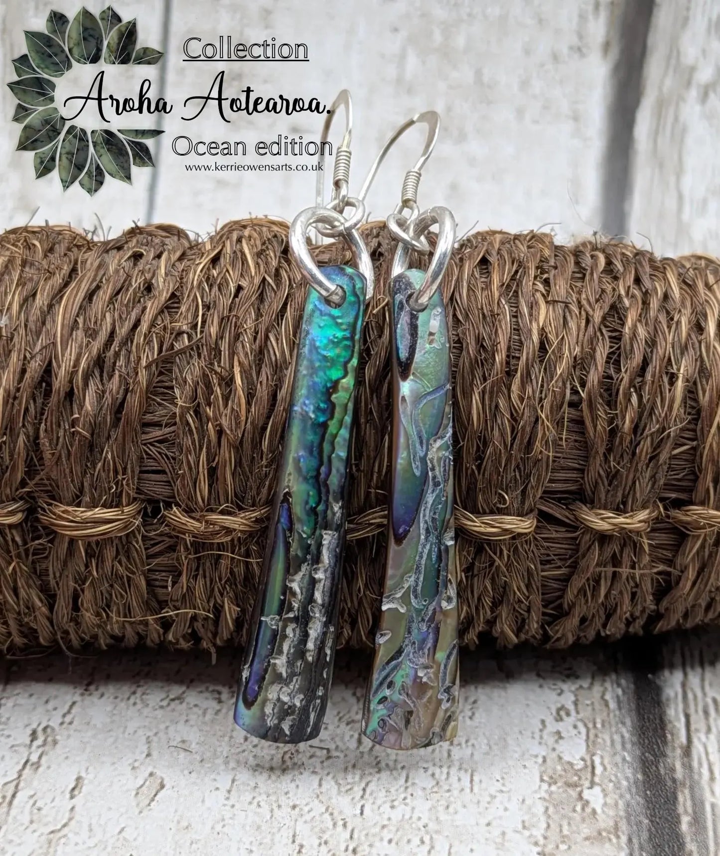 Hand-Polished Kaikōura Pāua Shell fish hook Earrings – Long Drop 925 Sterling Silver wild beachcombed Abalone unisex ocean themed Jewellery