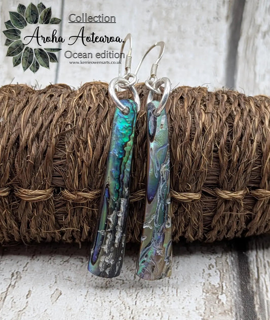 Hand-Polished Kaikōura Pāua Shell fish hook Earrings – Long Drop 925 Sterling Silver wild beachcombed Abalone unisex ocean themed Jewellery