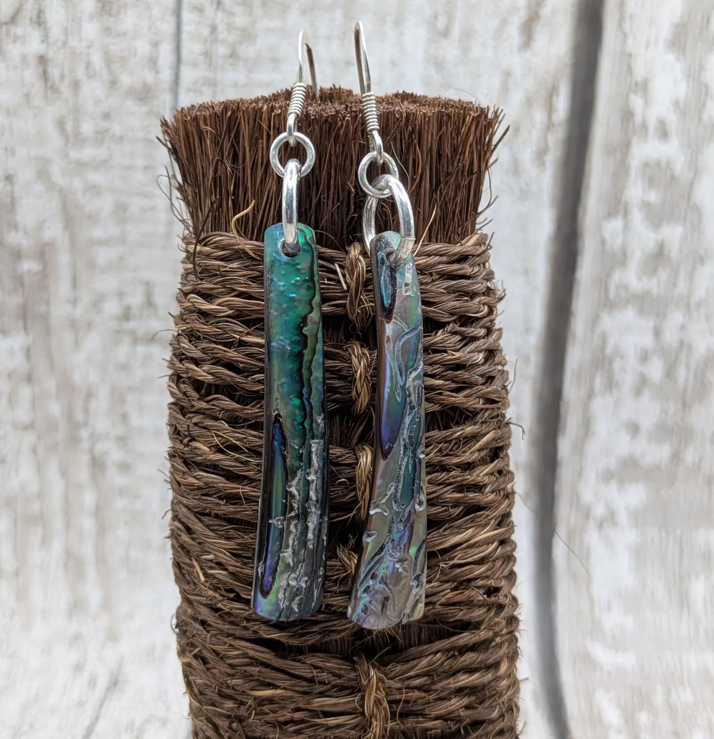 Hand-Polished Kaikōura Pāua Shell fish hook Earrings – Long Drop 925 Sterling Silver wild beachcombed Abalone unisex ocean themed Jewellery