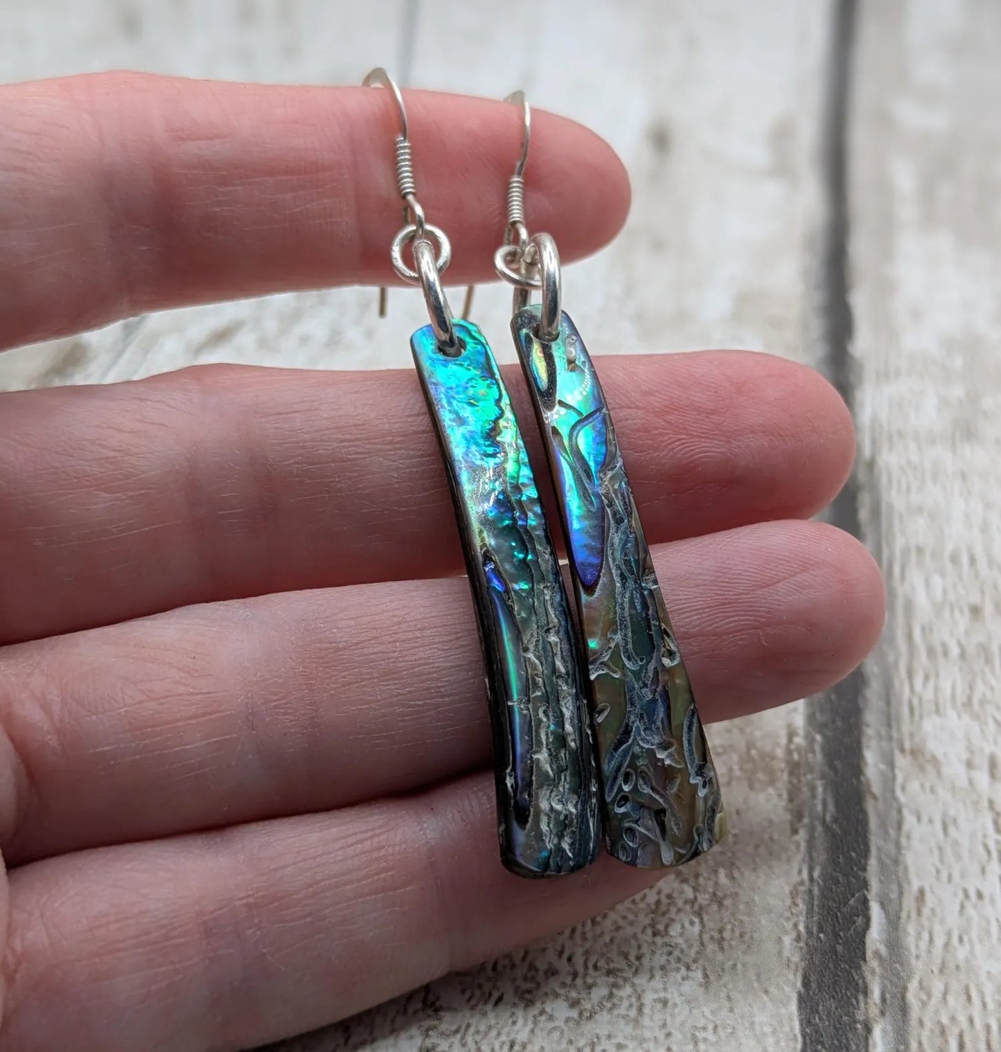Hand-Polished Kaikōura Pāua Shell fish hook Earrings – Long Drop 925 Sterling Silver wild beachcombed Abalone unisex ocean themed Jewellery