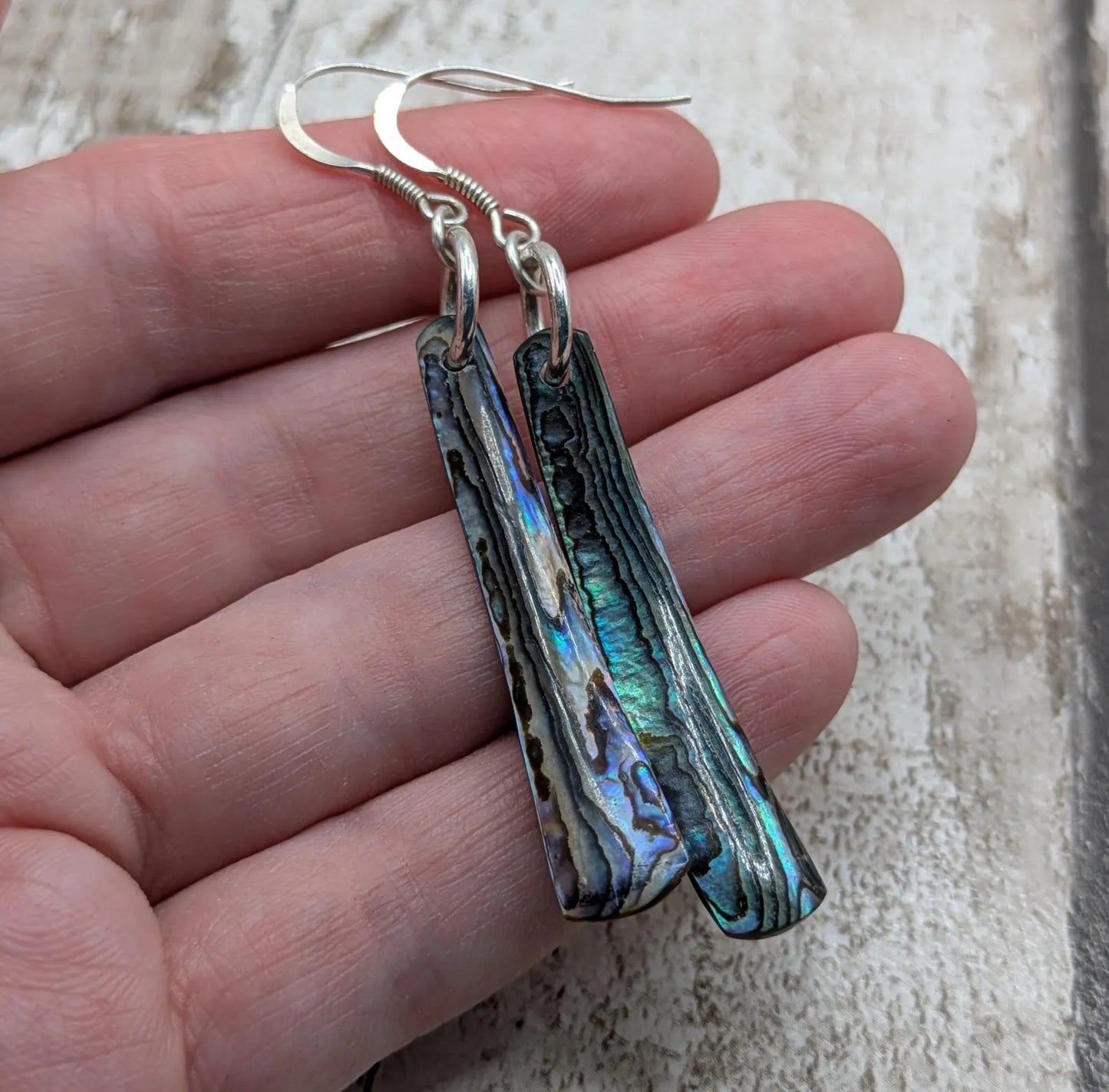 Hand-Polished Kaikōura Pāua Shell fish hook Earrings – Long Drop 925 Sterling Silver wild beachcombed Abalone unisex ocean themed Jewellery