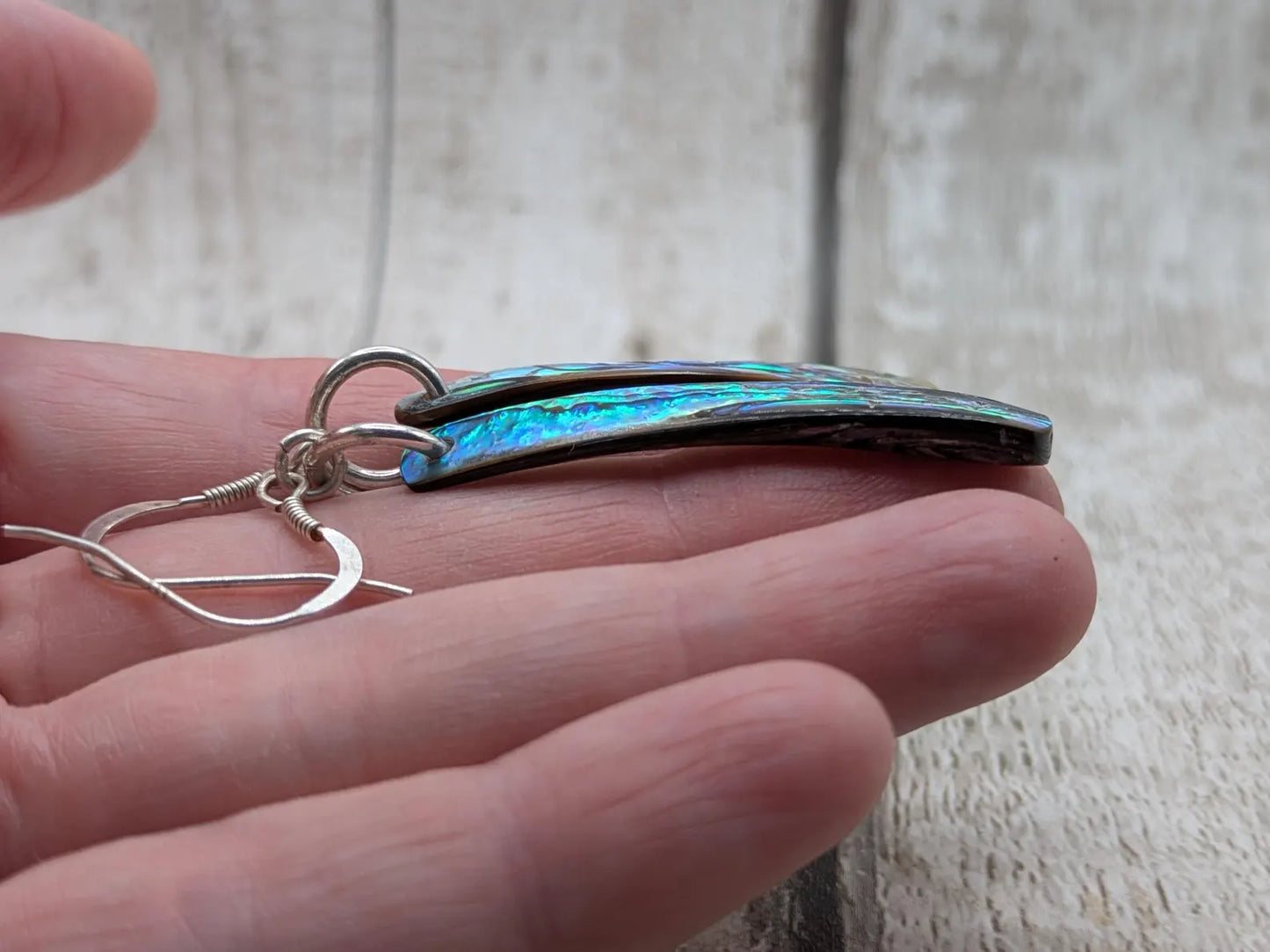 Hand-Polished Kaikōura Pāua Shell fish hook Earrings – Long Drop 925 Sterling Silver wild beachcombed Abalone unisex ocean themed Jewellery