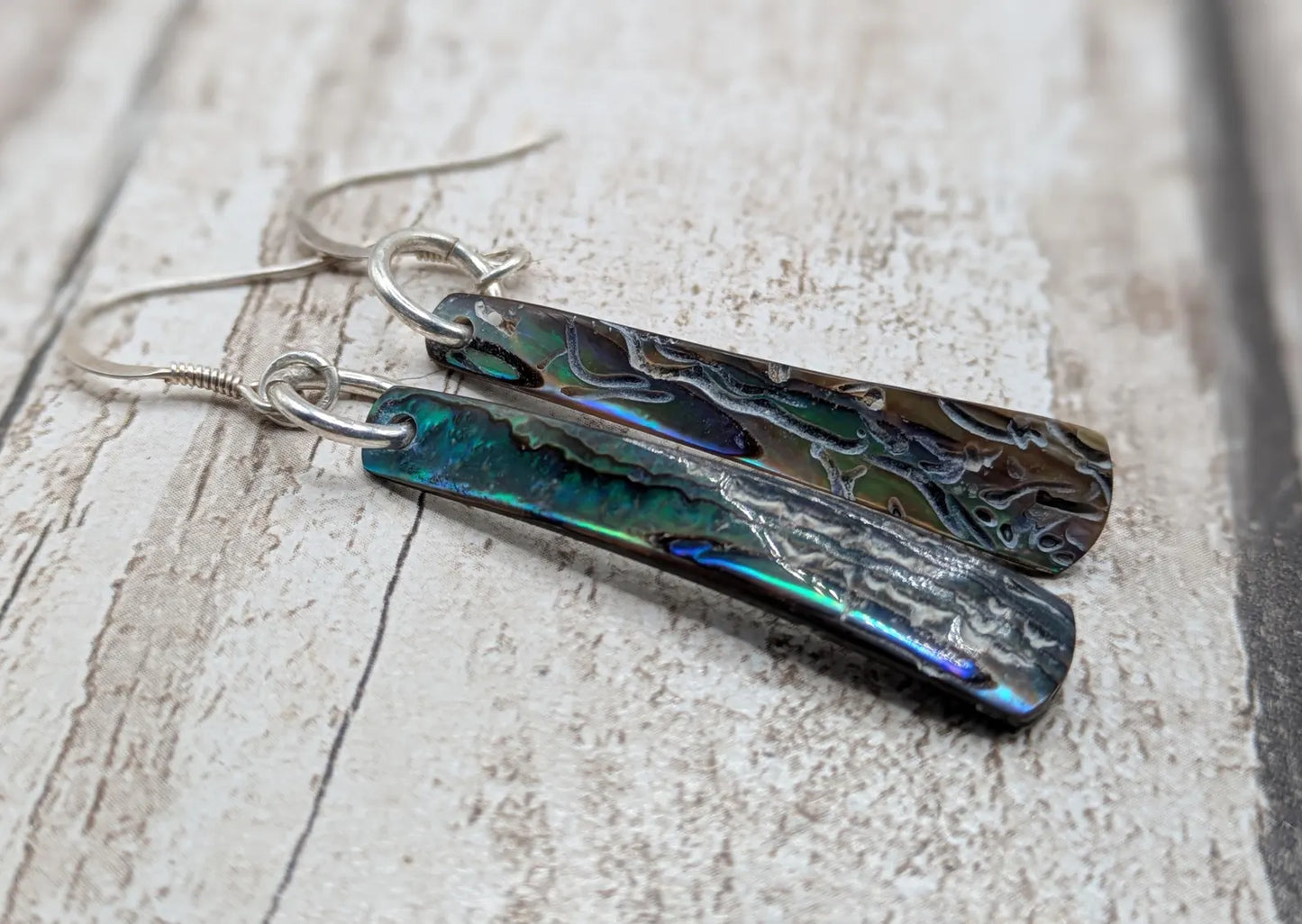 Hand-Polished Kaikōura Pāua Shell fish hook Earrings – Long Drop 925 Sterling Silver wild beachcombed Abalone unisex ocean themed Jewellery