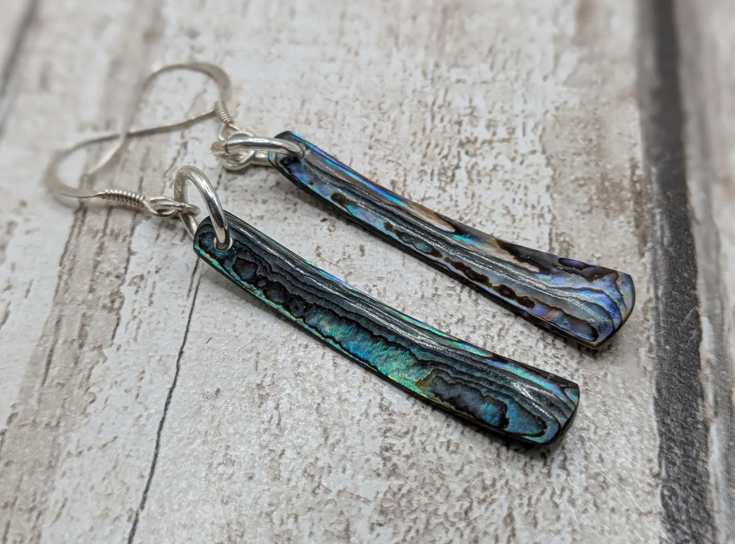 Hand-Polished Kaikōura Pāua Shell fish hook Earrings – Long Drop 925 Sterling Silver wild beachcombed Abalone unisex ocean themed Jewellery
