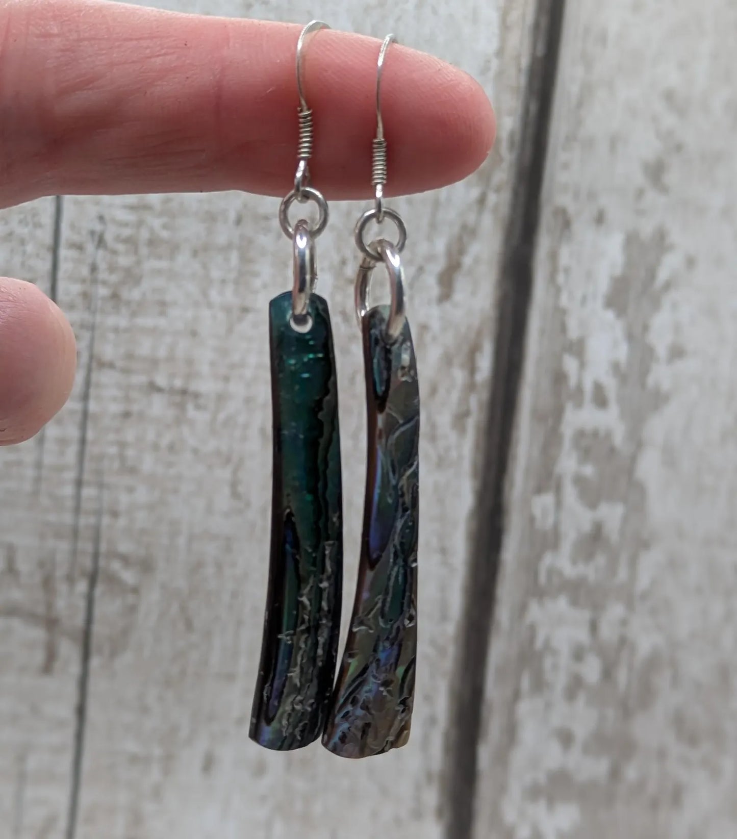 Hand-Polished Kaikōura Pāua Shell fish hook Earrings – Long Drop 925 Sterling Silver wild beachcombed Abalone unisex ocean themed Jewellery