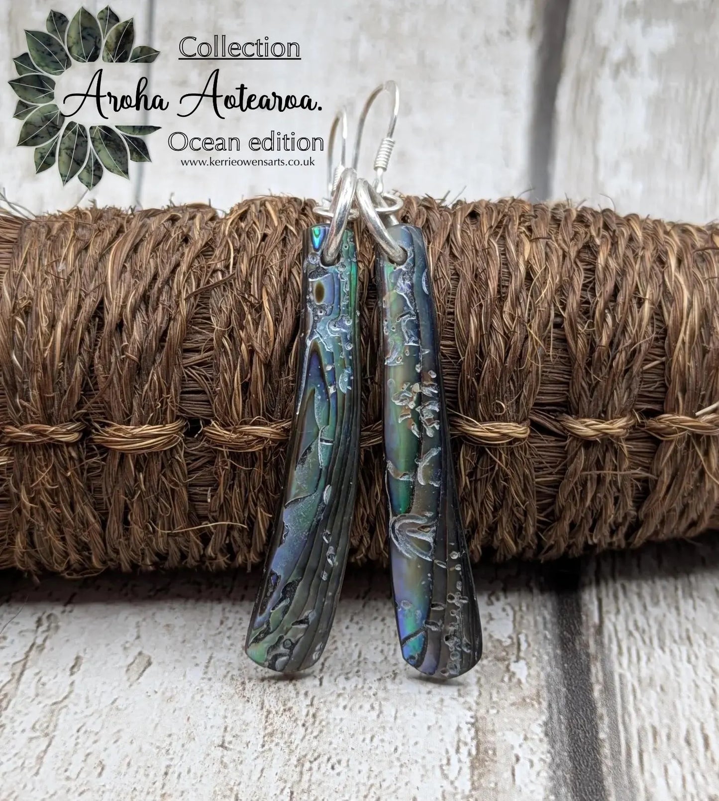 Hand-Polished Kaikōura Pāua Shell fish hook Earrings – Long Drop 925 Sterling Silver wild beachcombed Abalone unisex ocean themed Jewellery