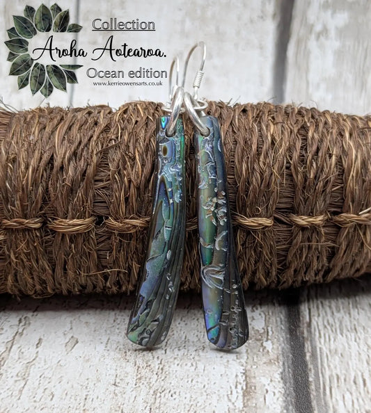 Hand-Polished Kaikōura Pāua Shell fish hook Earrings – Long Drop 925 Sterling Silver wild beachcombed Abalone unisex ocean themed Jewellery