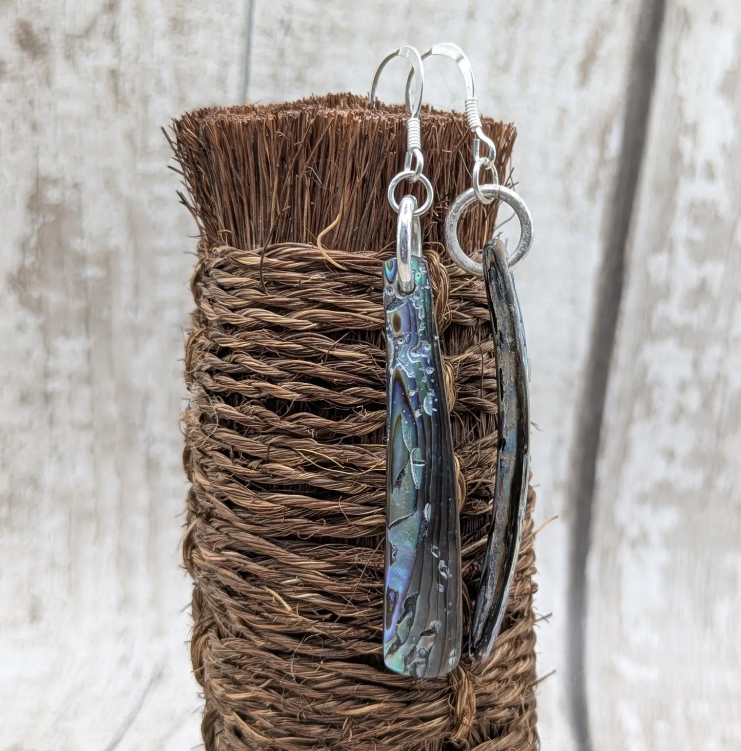 Hand-Polished Kaikōura Pāua Shell fish hook Earrings – Long Drop 925 Sterling Silver wild beachcombed Abalone unisex ocean themed Jewellery