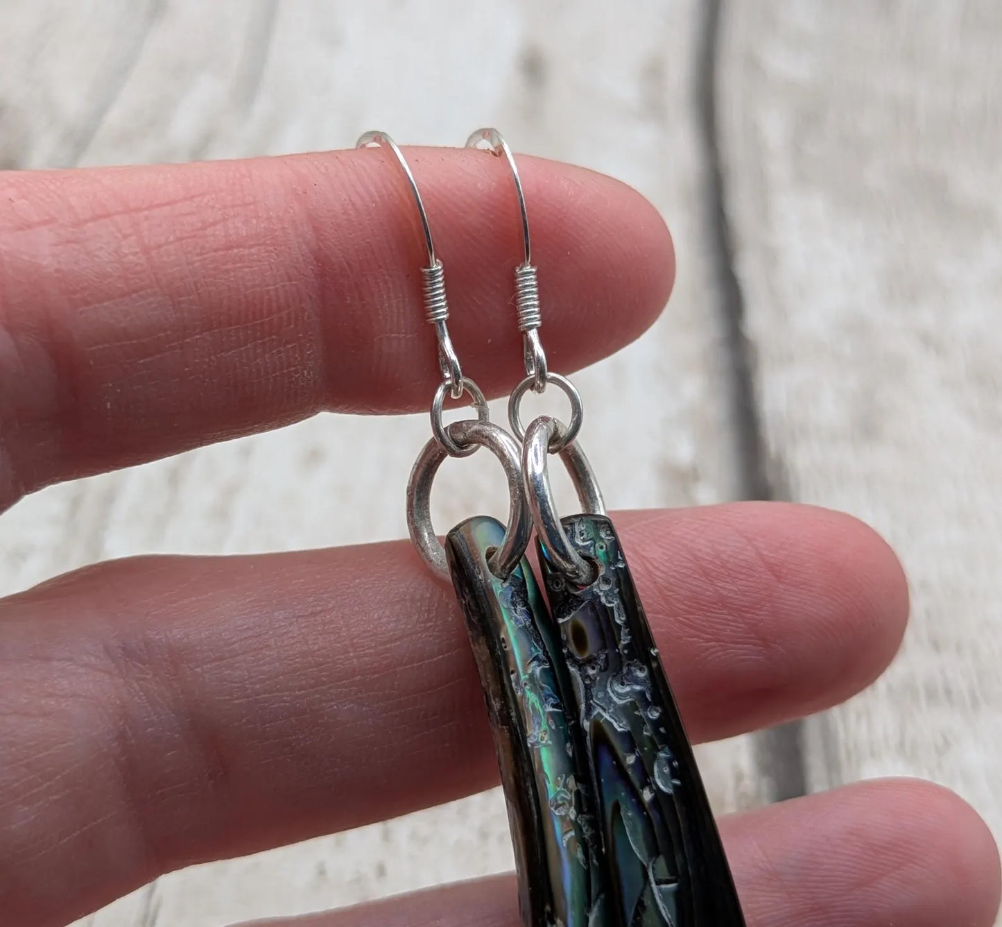Hand-Polished Kaikōura Pāua Shell fish hook Earrings – Long Drop 925 Sterling Silver wild beachcombed Abalone unisex ocean themed Jewellery