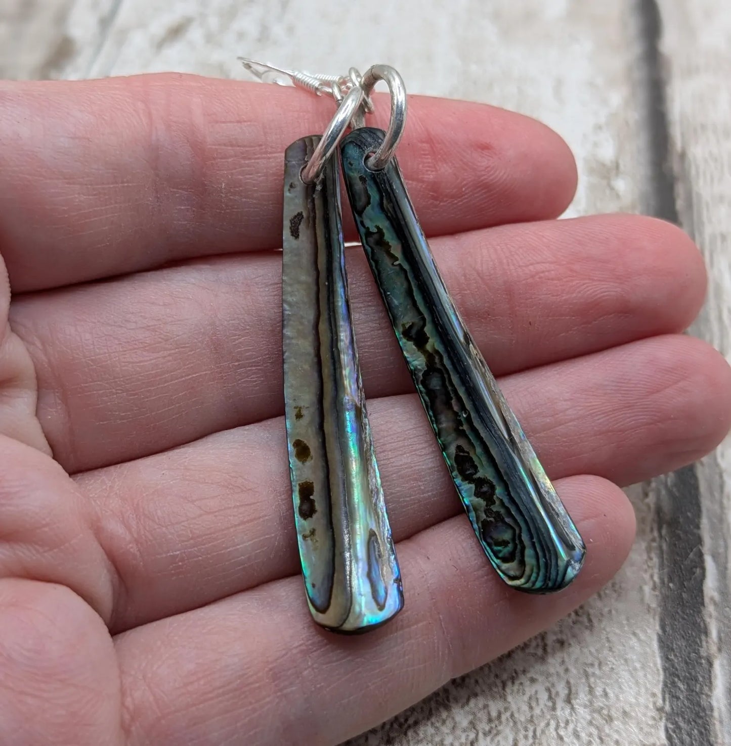 Hand-Polished Kaikōura Pāua Shell fish hook Earrings – Long Drop 925 Sterling Silver wild beachcombed Abalone unisex ocean themed Jewellery