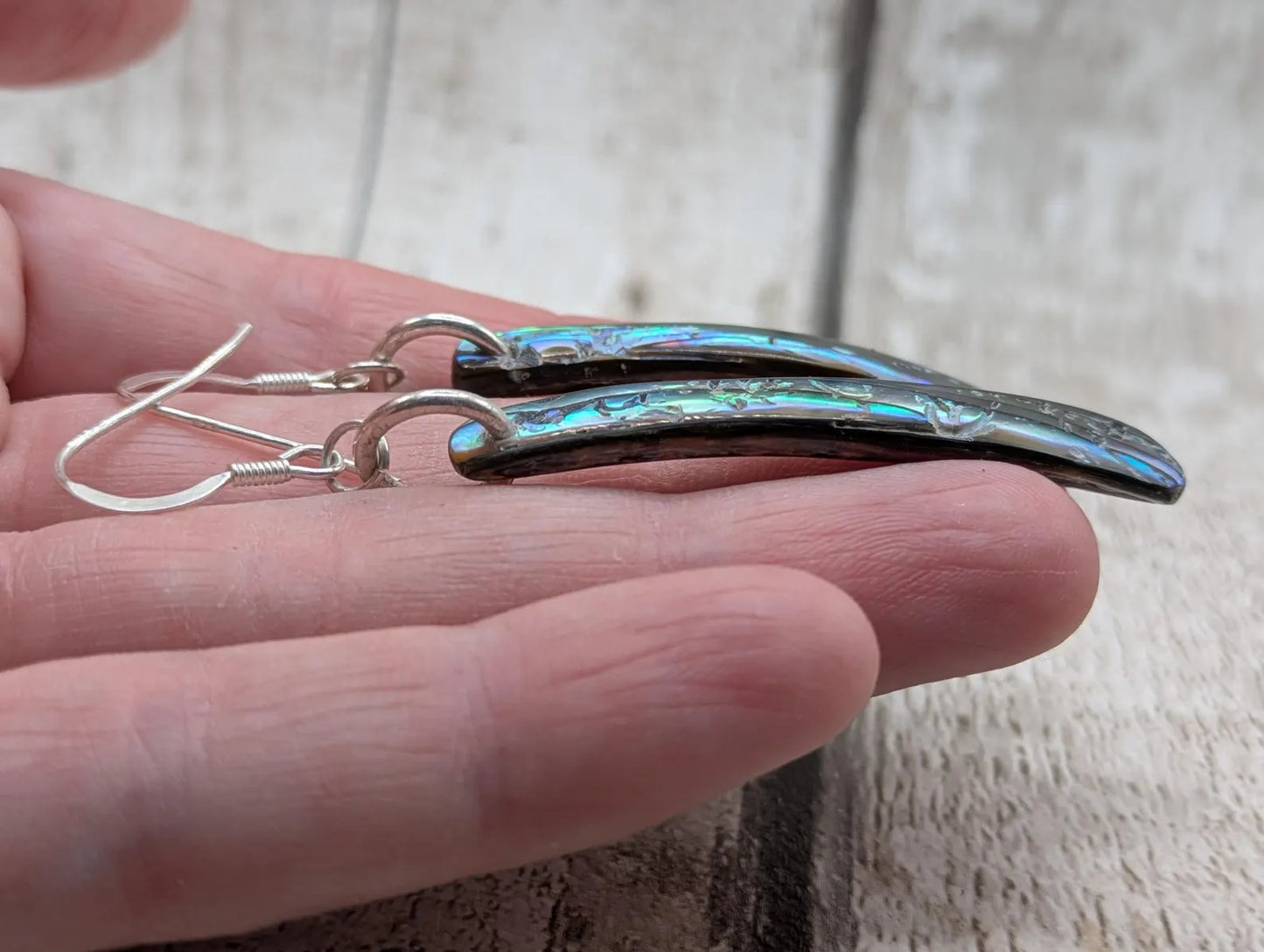 Hand-Polished Kaikōura Pāua Shell fish hook Earrings – Long Drop 925 Sterling Silver wild beachcombed Abalone unisex ocean themed Jewellery