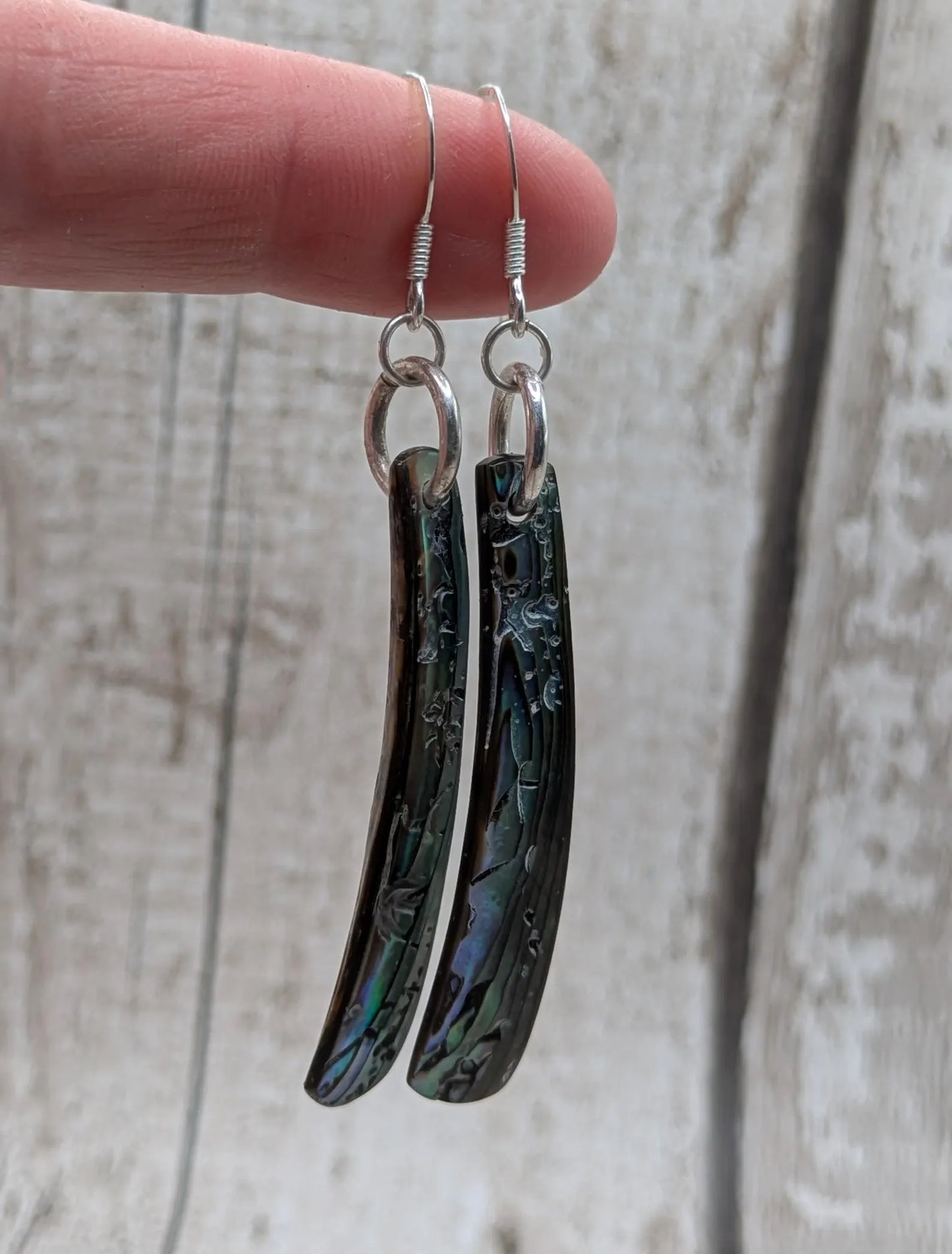 Hand-Polished Kaikōura Pāua Shell fish hook Earrings – Long Drop 925 Sterling Silver wild beachcombed Abalone unisex ocean themed Jewellery