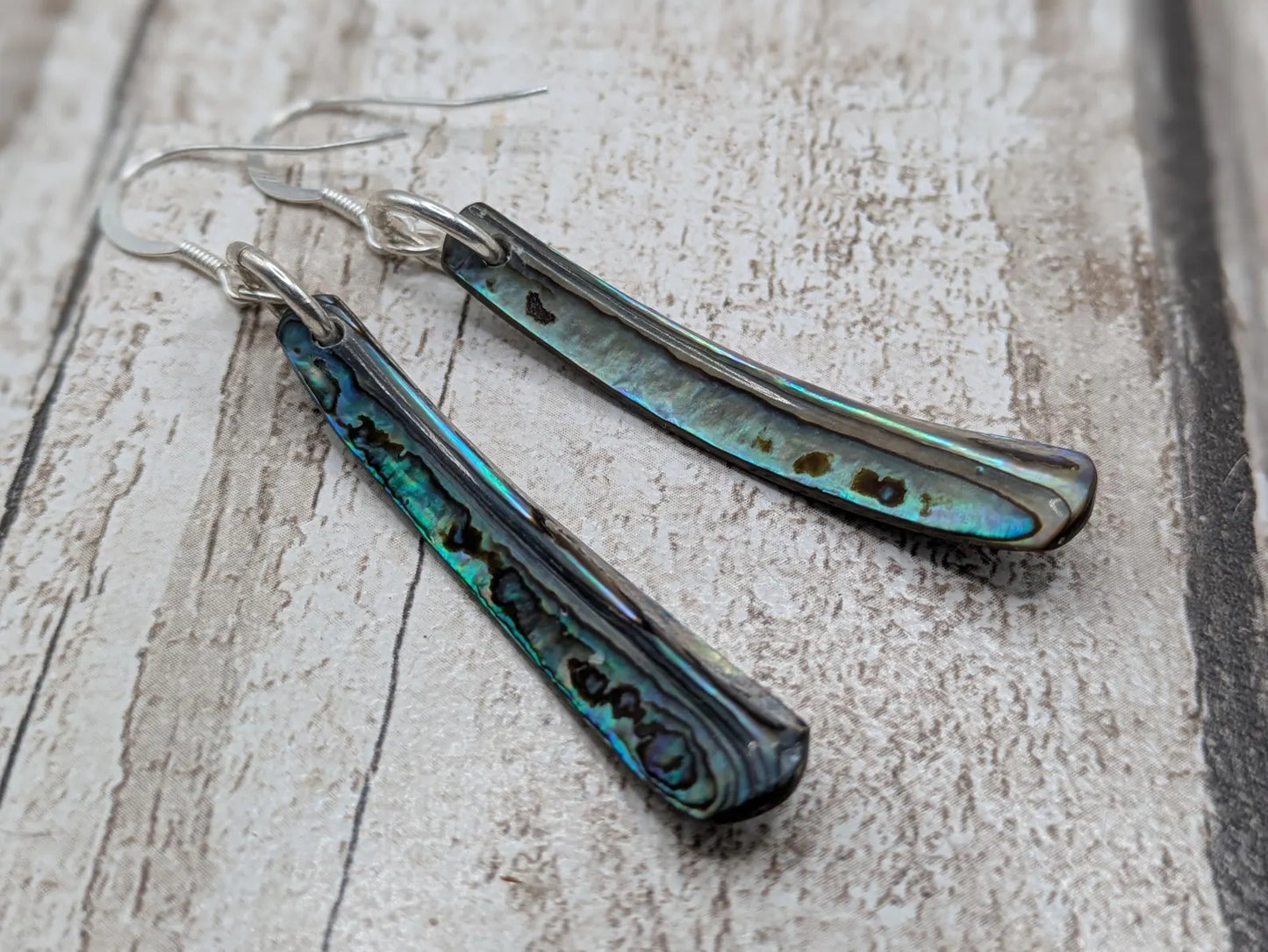 Hand-Polished Kaikōura Pāua Shell fish hook Earrings – Long Drop 925 Sterling Silver wild beachcombed Abalone unisex ocean themed Jewellery